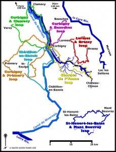 Information about the Celts and Mont Beuvray corresponds to the St-Honoré-les-Bains & Mont Beuvray loop. Information about woodcutting and the “Floats” correspond to the Georges de l’Yonne loop. Information about the wood auction corresponds to the Châtillon-en-Bazois loop. Information about about the Canal du Nivernais correspond to the Châtillon-en-Bazois loop and the Corbigny & Clamecy loop.