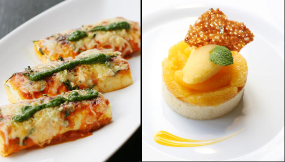 Cannelloni au brocciu, l., and fiandone, r., at Villa Corse.