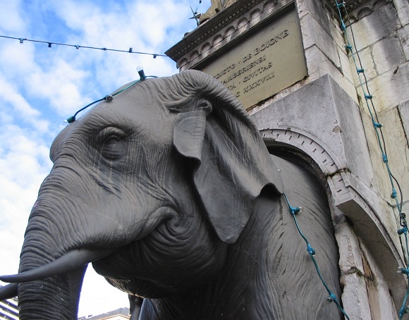 One of four elephants on the Fountain of Elephants, Chambery. Photo GLKraut.