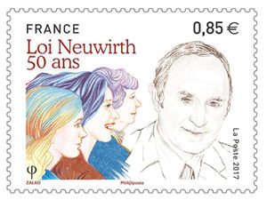 2017 French postage stamp in honor of the 50th anniversary of the Neuwirth Law legalizing the promotion and sale of contraceptive products.