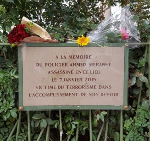 Plaque on Boulevard Richard Lenoir in memory of the policeman Ahmed Merabet. 