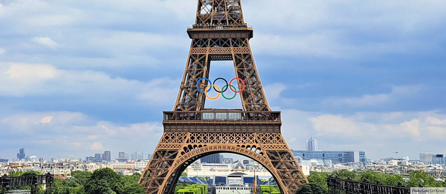 Eiffel Tower dressed for the 2024 Paris Olympics. Cultural Olympiad article by GLK