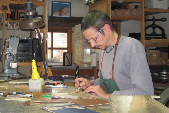 Kristof Mascher in his Fanlac (Dordogne) fish leather workshop.