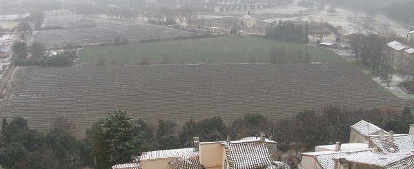 View from Grignan toward lavender fields during snowfall. GLK