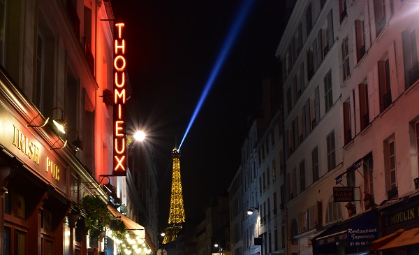 Hotel Thoumieux and Eiffel Tower by night