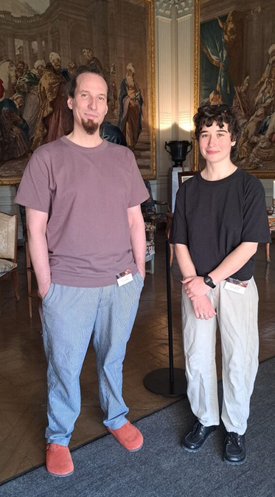 Sound designers Simon Caheux and Julia Griner of Atelier Blip Bloop in the grand salon at chateau de La Roche-Guyon. Photo (c) GLK.