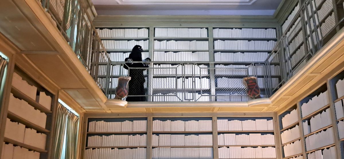 A strange creature, creation of Yoshikazu Goulven Le Maître, watches from the upper level of the large, ghostly library. Photo © GLK.