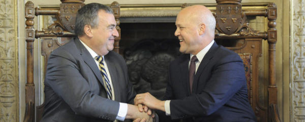 Mayors Olivier Carré of Orléans and Mitch Landrieu of New Orleans in Orléans Nov. 28, 2017.