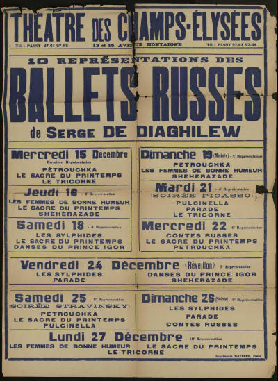 1920 poster announcing representations Diaghilev's Ballets Russes at the TCE